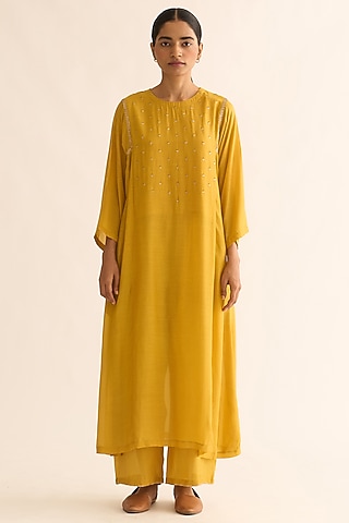 Bright Mustard Cotton Silk Hand Embroidered Kurta Set by Dot