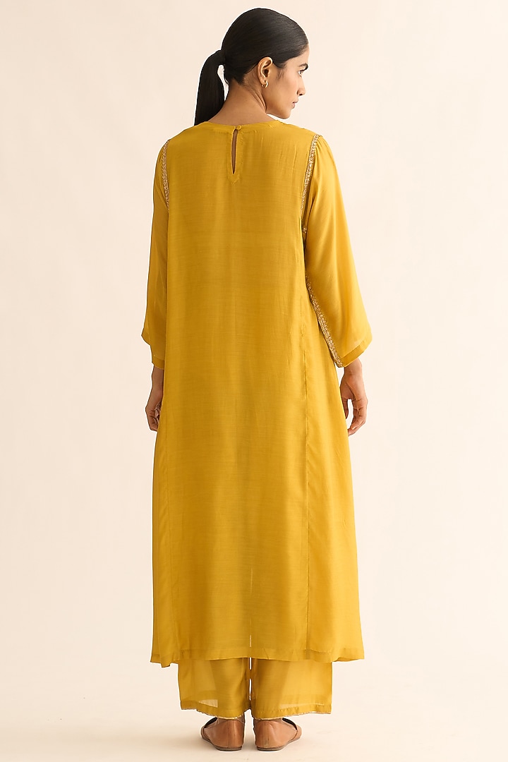 Bright Mustard Cotton Silk Hand Embroidered Kurta Set by Dot at Pernia's Pop Up Shop