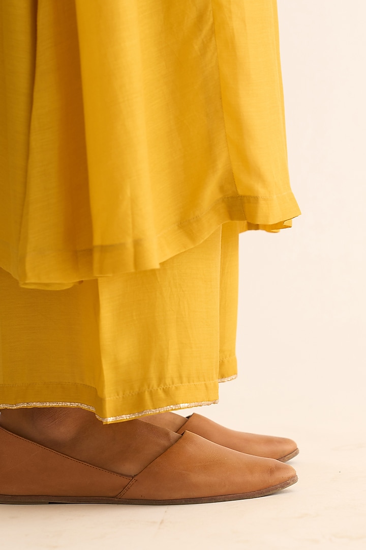 Bright Mustard Cotton Silk Hand Embroidered Kurta Set by Dot at Pernia's Pop Up Shop