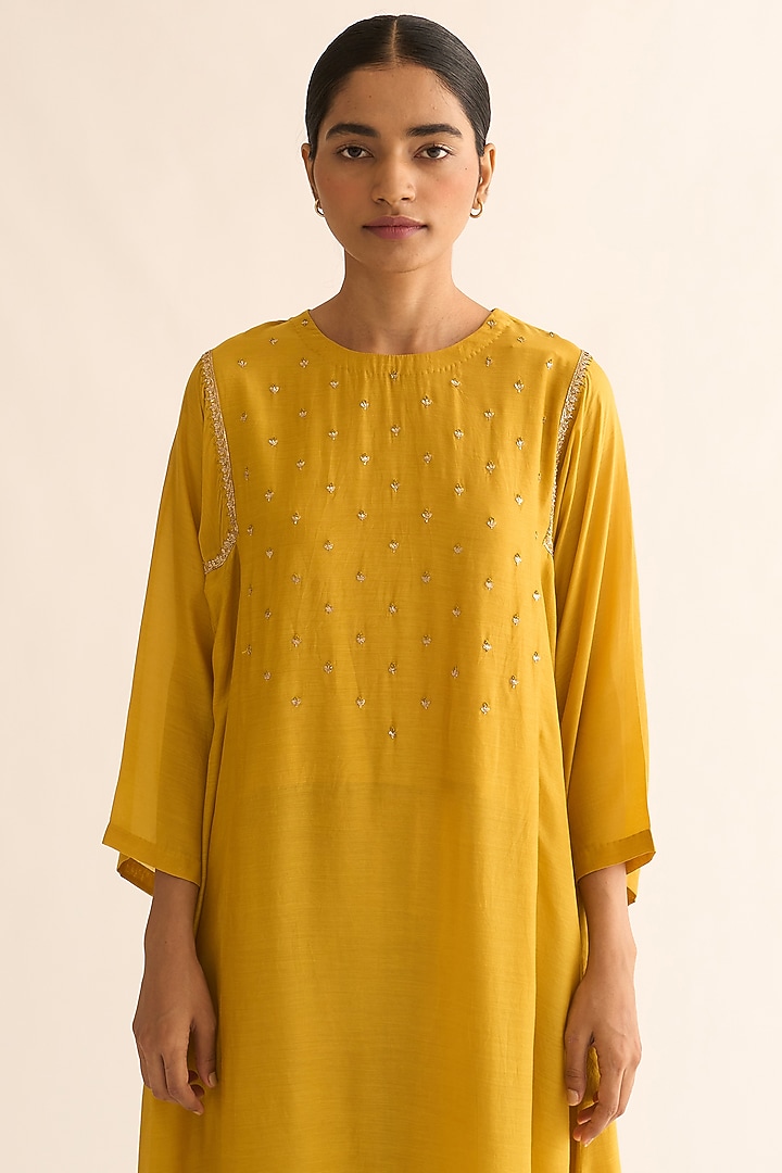 Bright Mustard Cotton Silk Hand Embroidered Kurta Set by Dot at Pernia's Pop Up Shop