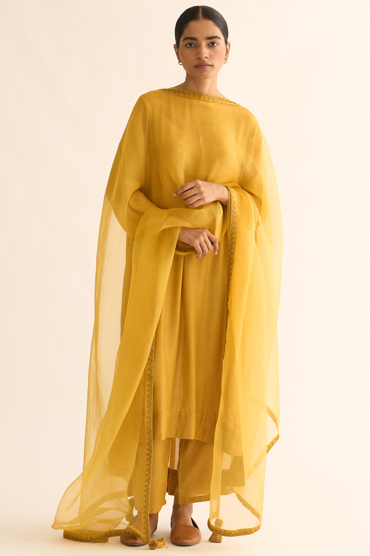 Bright Mustard Cotton Silk Hand Embroidered Kurta Set by Dot