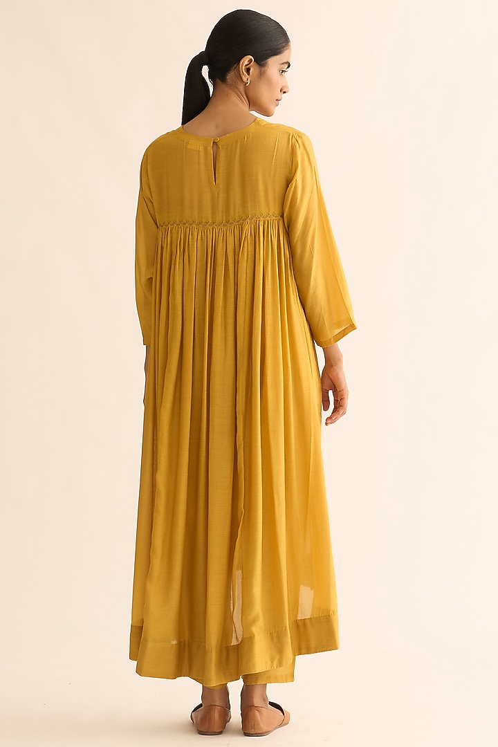 Bright Mustard Cotton Silk Hand Embroidered Kurta Set by Dot at Pernia's Pop Up Shop
