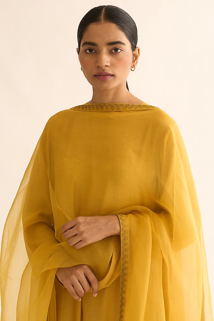 Bright Mustard Cotton Silk Hand Embroidered Kurta Set by Dot at Pernia's Pop Up Shop