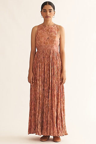 Old Rose Cotton Printed & Hand Embroidered Anarkali by Dot