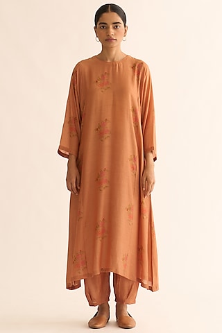 Rust Habutai Silk Printed Kurta Set by Dot