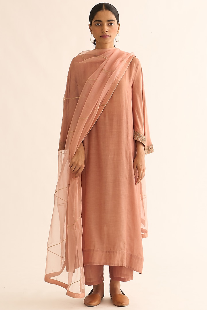 Old Rose Cotton Silk Hand Embroidered Kurta Set by Dot