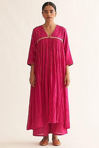 Hot Pink Cotton Hand Embroidered Kurta Set by Dot