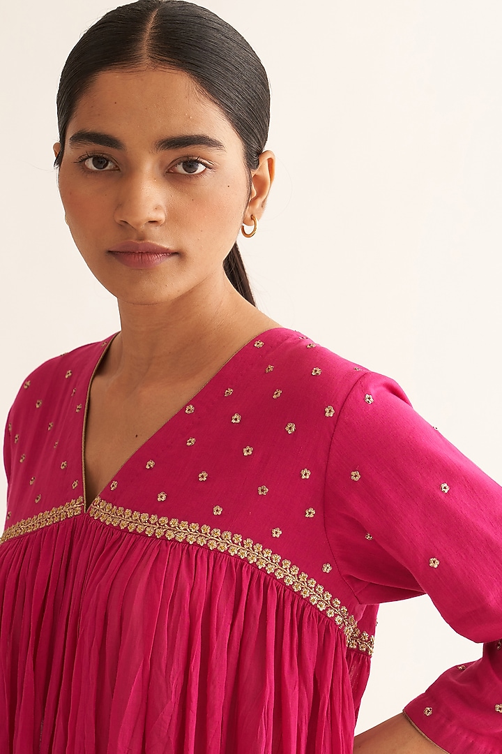 Hot Pink Cotton Hand Embroidered Kurta Set by Dot at Pernia's Pop Up Shop