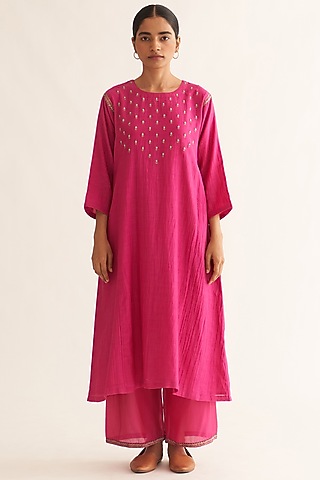 Bright Pink Chanderi Hand Embroidered Kurta Set by Dot