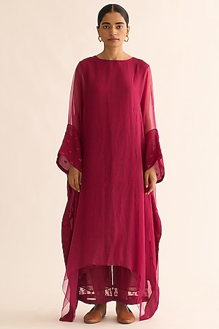 Crimson Pink Organza Hand Embroidered Kaftan Set by Dot