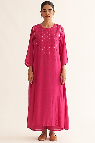 Bright Pink Cotton Hand Embroidered Kurta Set by Dot