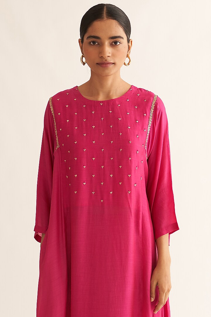 Bright Pink Cotton Hand Embroidered Kurta Set by Dot at Pernia's Pop Up Shop