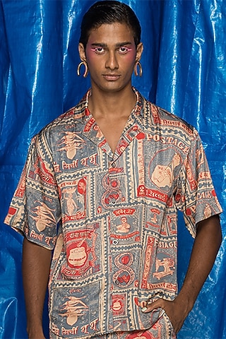 Ash Grey Viscose Orient Slub Satin Printed Shirt by Doh Tak Keh Men