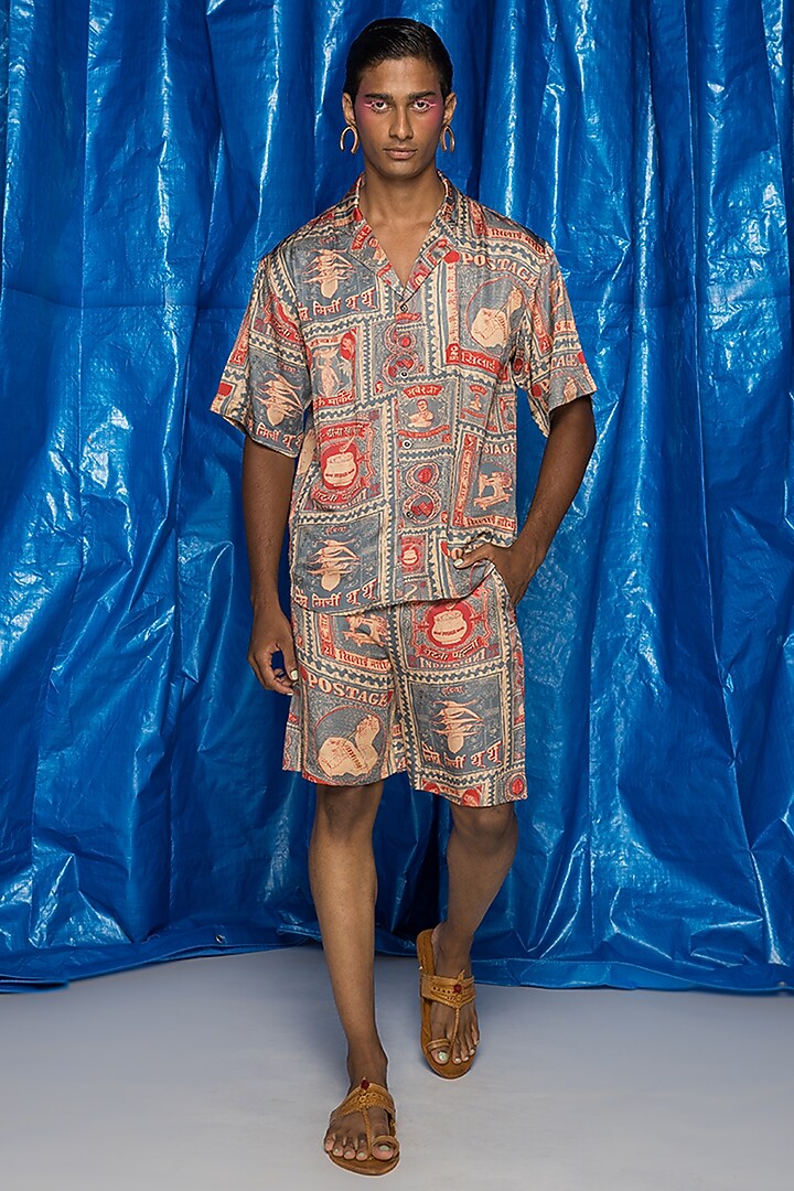 Ash Grey Viscose Orient Slub Satin Printed Shorts by Doh Tak Keh Men at Pernia's Pop Up Shop