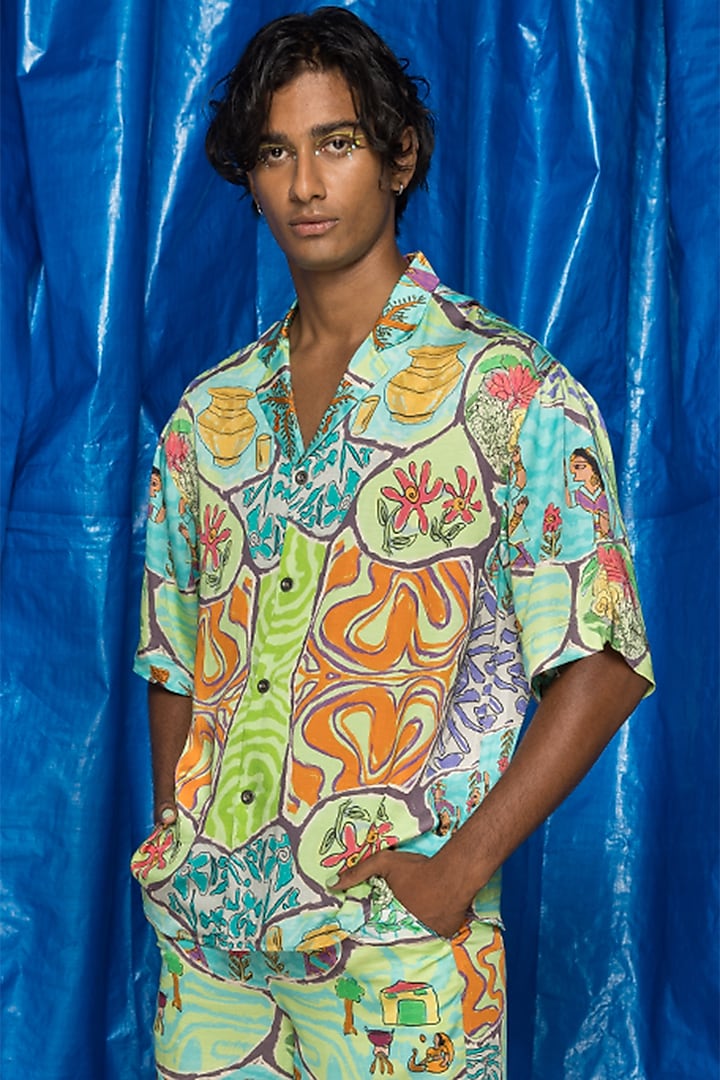 Turquoise Viscose Orient Slub Satin Printed Shirt by Doh Tak Keh Men