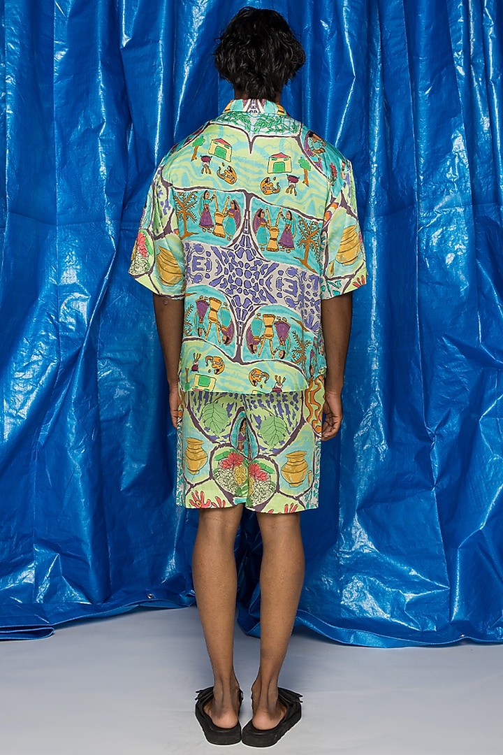 Turquoise Viscose Orient Slub Satin Printed Party Wear Shirt by Doh Tak Keh Men at Pernia's Pop Up Shop