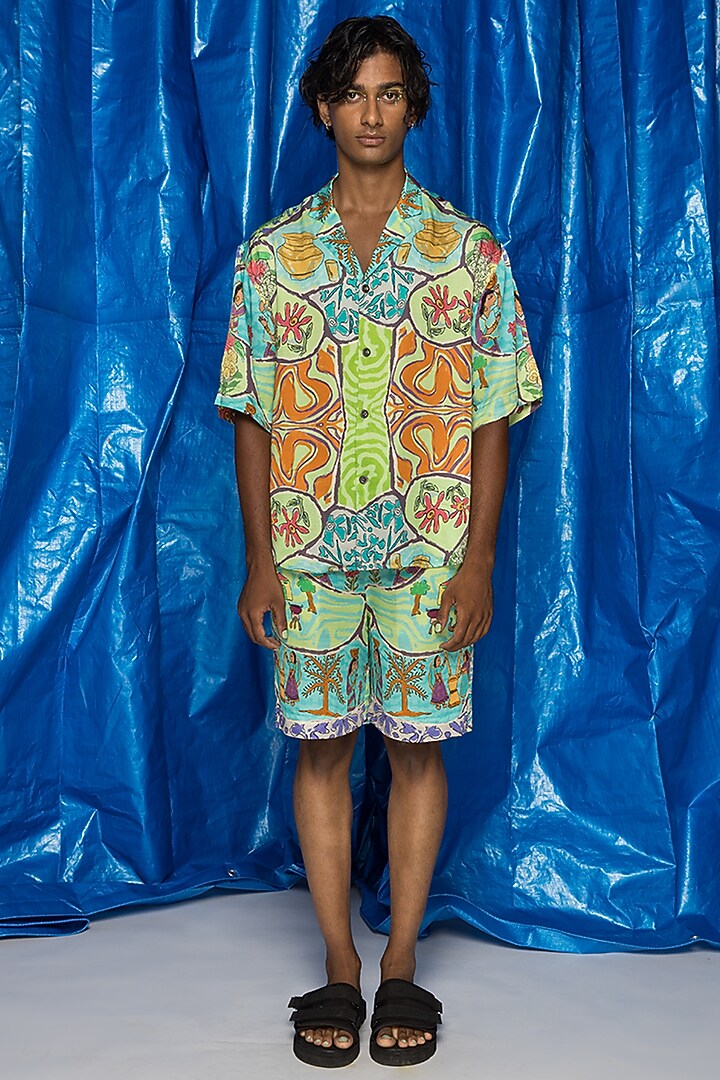 Turquoise Viscose Orient Slub Satin Printed Party Wear Shirt by Doh Tak Keh Men at Pernia's Pop Up Shop