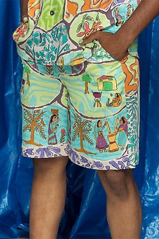 Turquoise Viscose Orient Slub Satin Printed Shorts by Doh Tak Keh Men