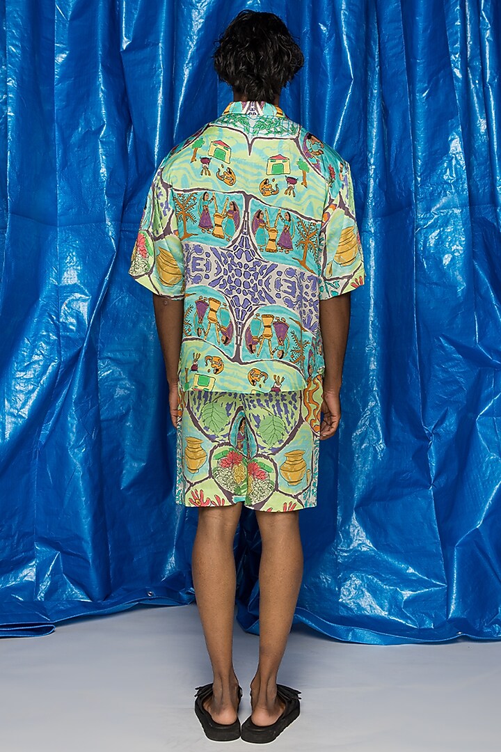 Turquoise Viscose Orient Slub Satin Printed Shorts by Doh Tak Keh Men at Pernia's Pop Up Shop