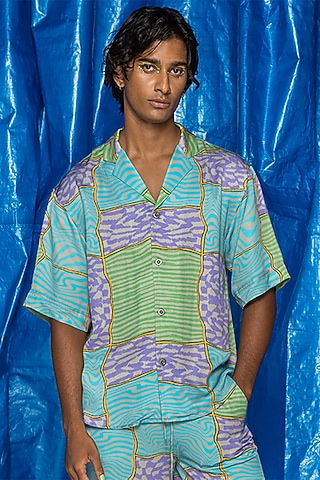Vivid Blue Mushroom Twill Satin Printed Shirt by Doh Tak Keh Men