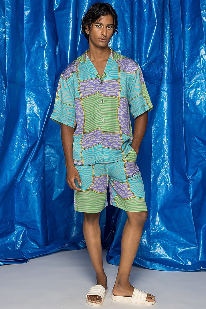 Vivid Blue Mushroom Twill Satin Printed Party Wear Shirt by Doh Tak Keh Men at Pernia's Pop Up Shop