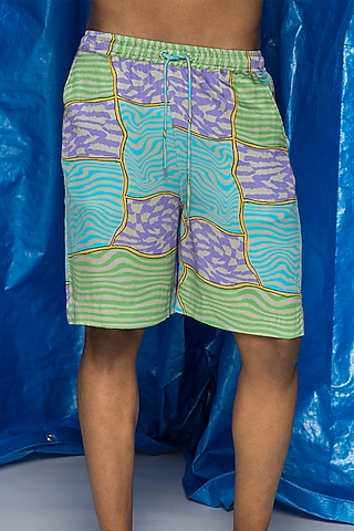 Vivid Blue Mushroom Twill Satin Printed Shorts by Doh Tak Keh Men
