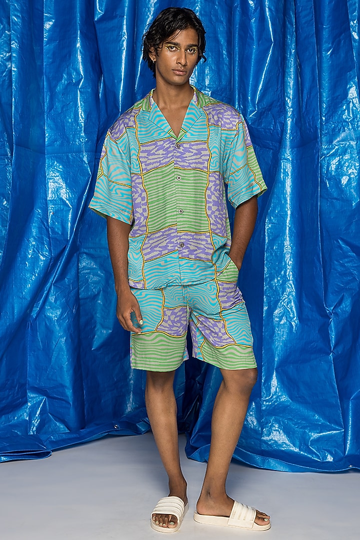 Vivid Blue Mushroom Twill Satin Printed Shorts by Doh Tak Keh Men at Pernia's Pop Up Shop