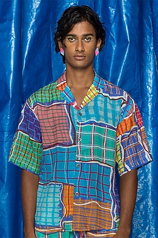 Aqua Cotton Voile Printed Shirt by Doh Tak Keh Men