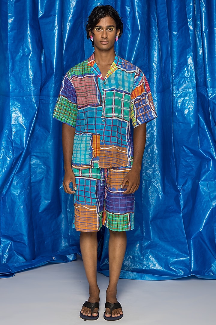 Aqua Cotton Voile Printed Party Wear Shirt by Doh Tak Keh Men at Pernia's Pop Up Shop