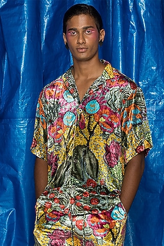 Forest Green Velvet Printed Shirt by Doh Tak Keh Men