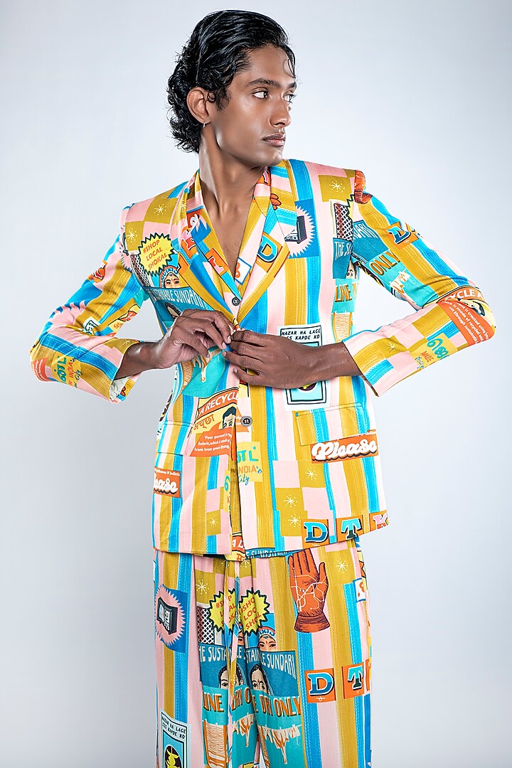 Multi-Colored Lyocell Tencel Satin Printed Blazer by Doh Tak Keh Men at Pernia's Pop Up Shop