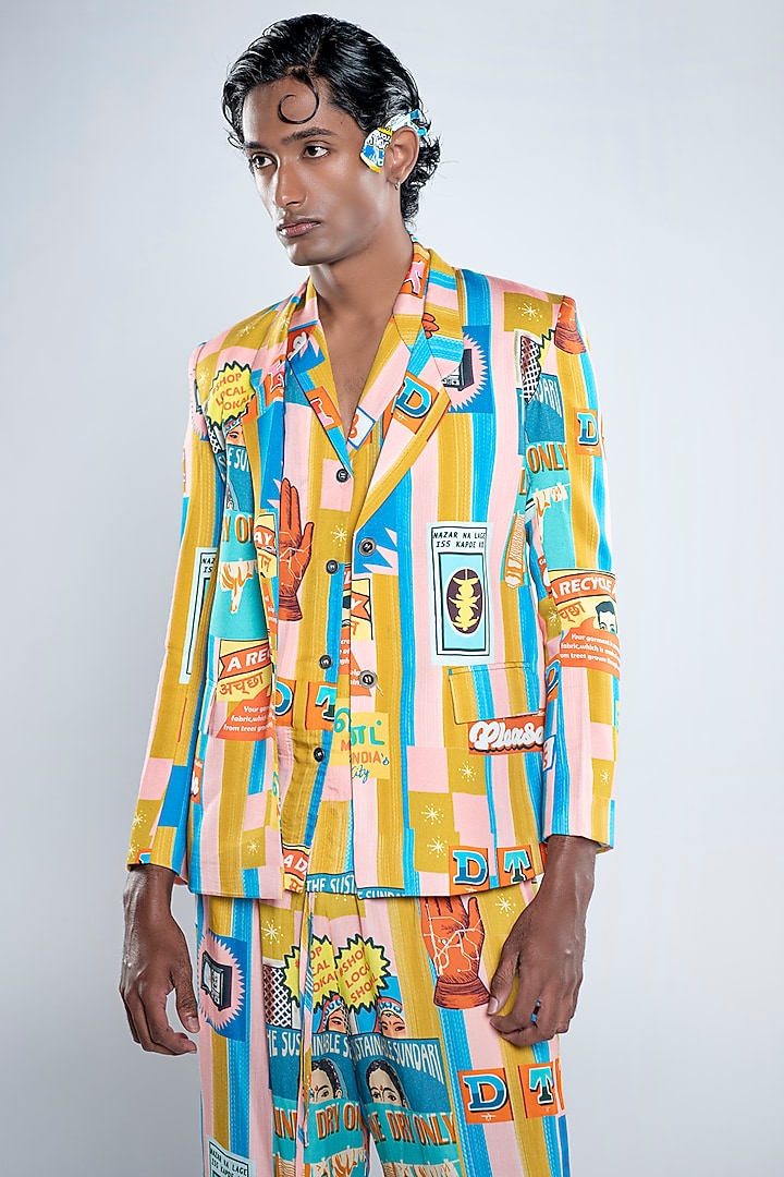 Multi-Colored Lyocell Tencel Satin Printed Blazer by Doh Tak Keh Men at Pernia's Pop Up Shop