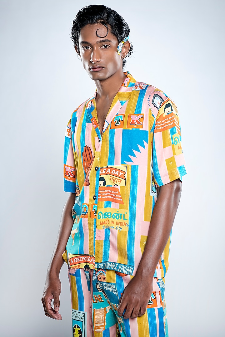 Multi-Colored Lyocell Tencel Satin Printed Summer Shirt by Doh Tak Keh Men at Pernia's Pop Up Shop