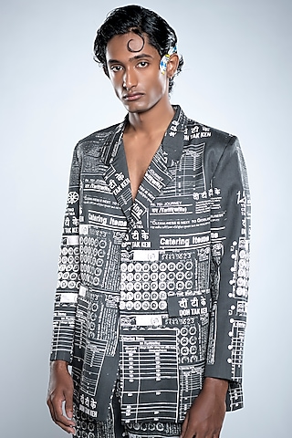 Jade Black & Chalk White Lyocell Tencel Satin Printed Blazer by Doh Tak Keh Men