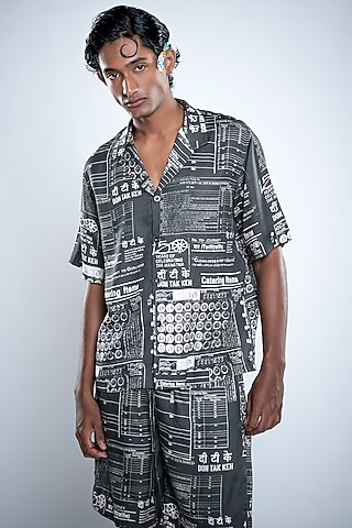 Jade Black & Chalk White Lyocell Tencel Satin Printed Shirt by Doh Tak Keh Men