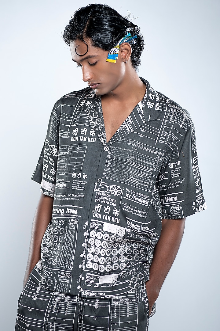 Jade Black & Chalk White Lyocell Tencel Satin Printed Summer Shirt by Doh Tak Keh Men at Pernia's Pop Up Shop