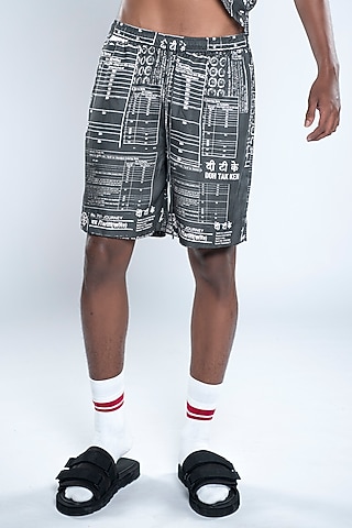 Jade Black & Chalk White Lyocell Tencel Satin Printed Shorts by Doh Tak Keh Men
