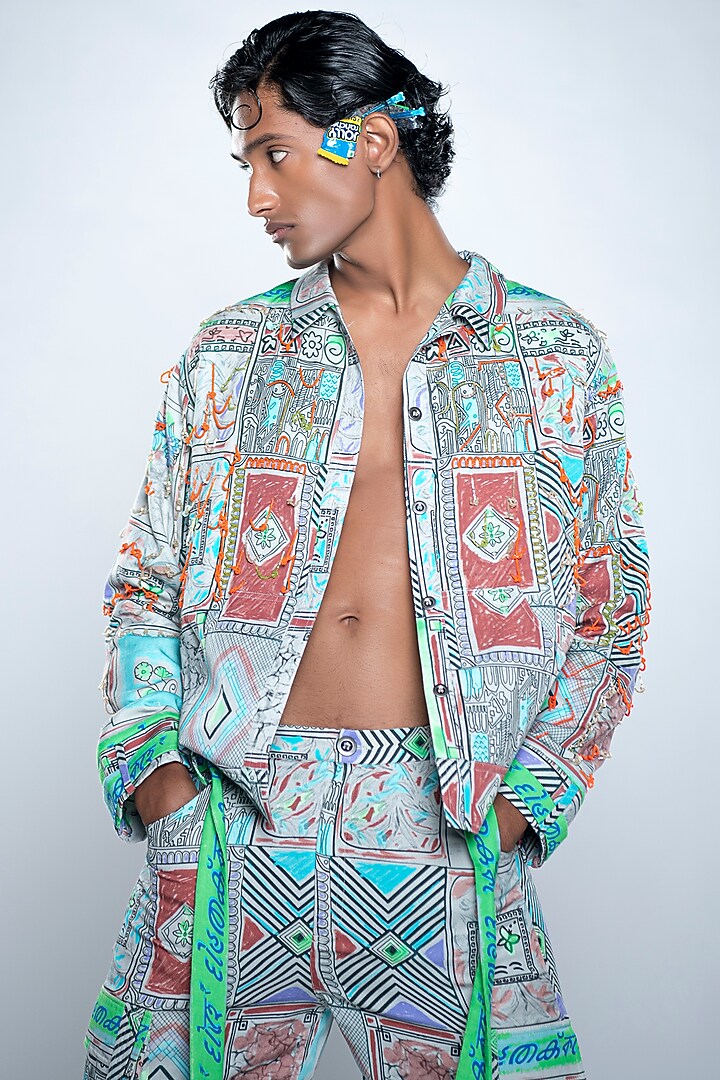 Multi-Colored Lyocell Tencel Flex Printed Bomber Jacket by Doh Tak Keh Men at Pernia's Pop Up Shop