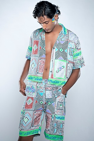 Multi-Colored Lyocell Tencel Flex Printed Shirt by Doh Tak Keh Men