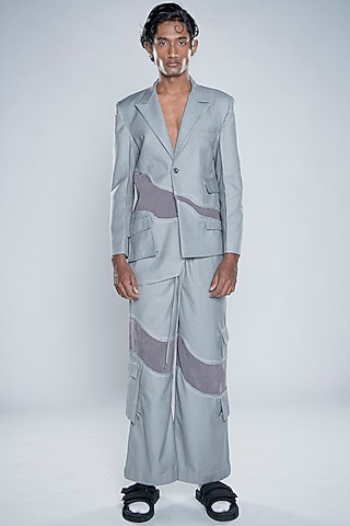 Steel Grey Cotton Blend Deconstructed Blazer by Doh Tak Keh Men