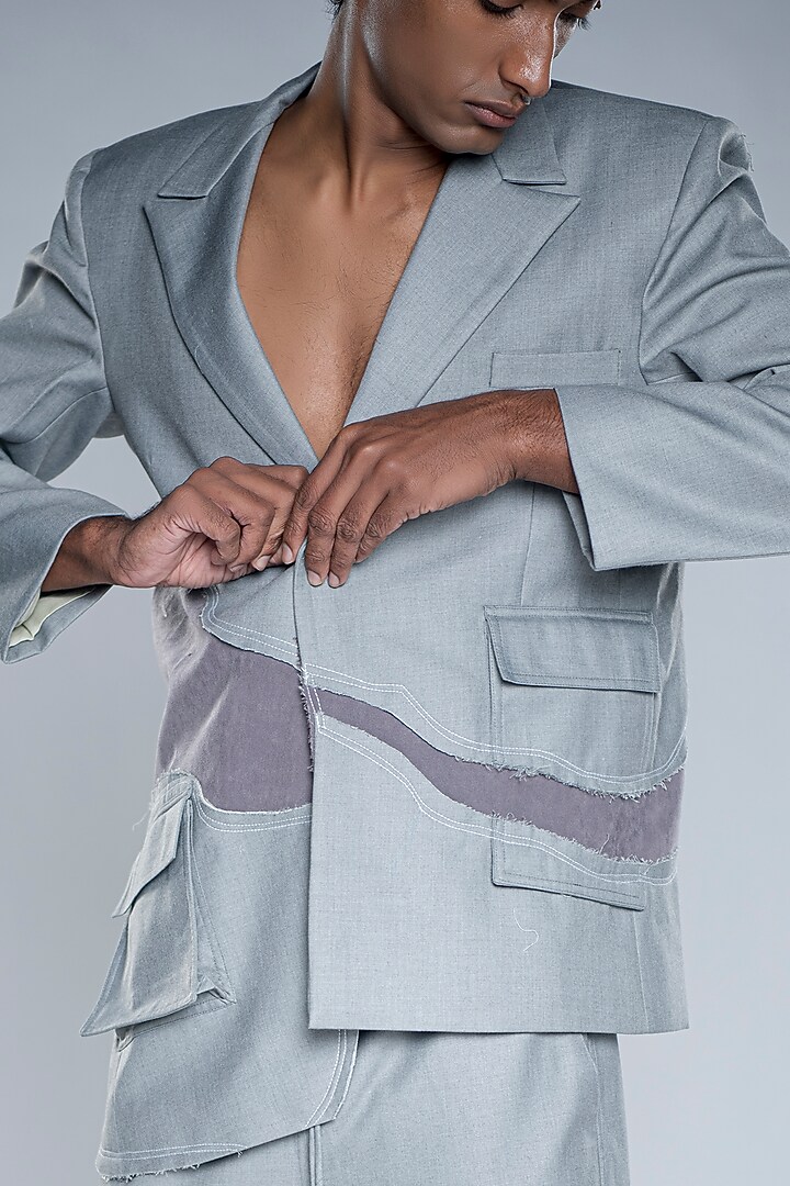 Steel Grey Cotton Blend Deconstructed Blazer by Doh Tak Keh Men at Pernia's Pop Up Shop