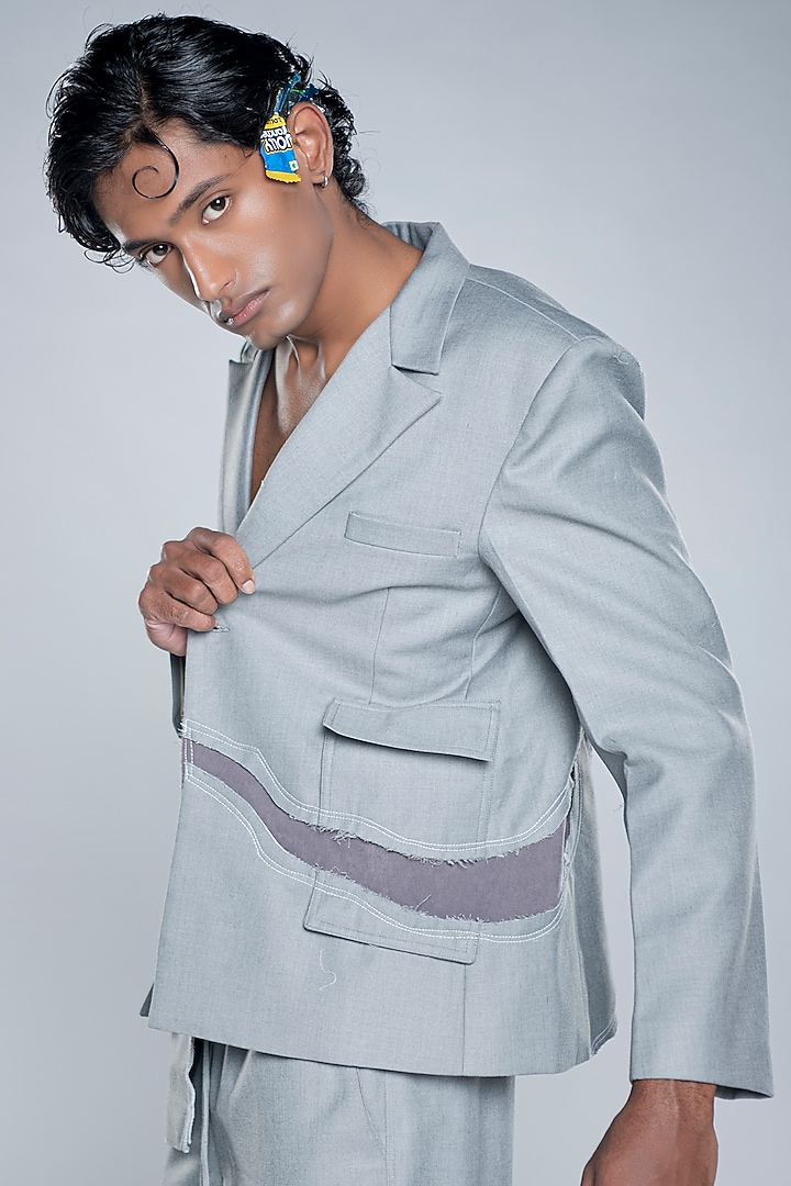 Steel Grey Cotton Blend Deconstructed Blazer by Doh Tak Keh Men at Pernia's Pop Up Shop