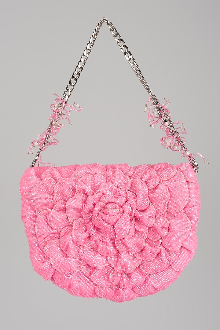 Neon Pink Japanese Bugle Beads Hand Embroidered Mini Sling Clutch by Doux Amour at Pernia's Pop Up Shop