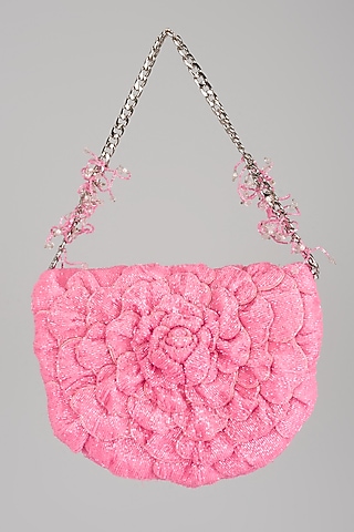 Neon Pink Japanese Bugle Beads Hand Embroidered Mini Sling Clutch by Doux Amour