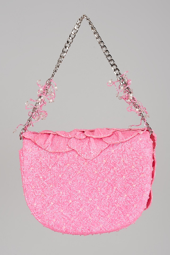 Neon Pink Japanese Bugle Beads Hand Embroidered Mini Sling Clutch by Doux Amour at Pernia's Pop Up Shop