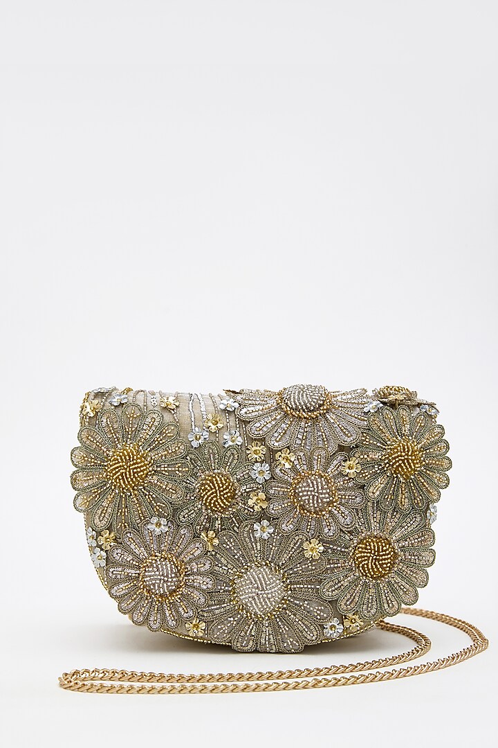 Gold Silver Tissue Silk Crystal Hand Embroidered Clutch by Doux Amour at Pernia's Pop Up Shop