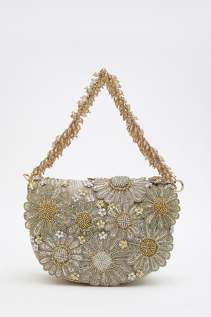 Gold Silver Tissue Silk Crystal Hand Embroidered Clutch by Doux Amour at Pernia's Pop Up Shop
