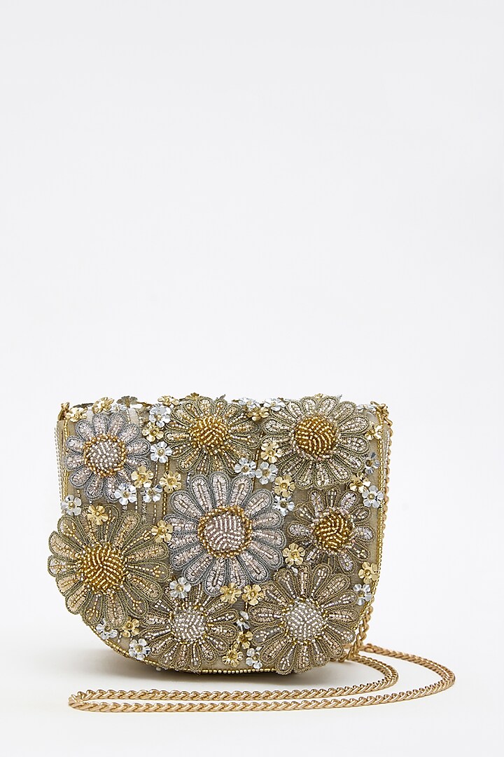 Gold Silver Tissue Silk Crystal Hand Embroidered Mini Clutch by Doux Amour at Pernia's Pop Up Shop