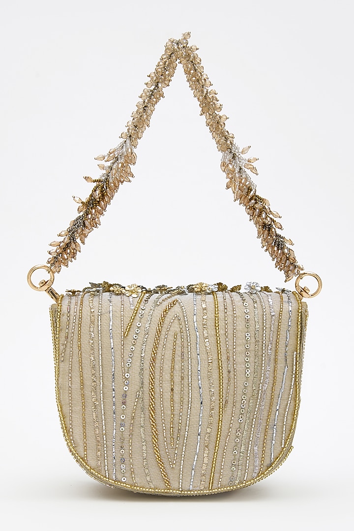 Gold Silver Tissue Silk Crystal Hand Embroidered Mini Clutch by Doux Amour at Pernia's Pop Up Shop