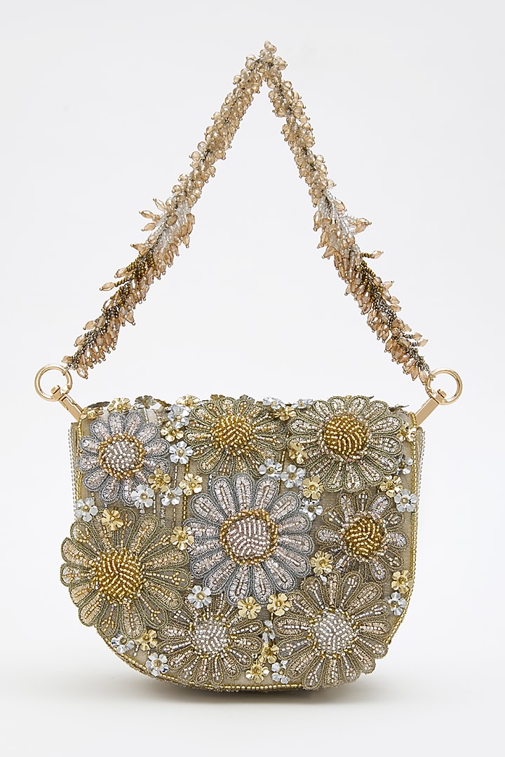 Gold Silver Tissue Silk Crystal Hand Embroidered Mini Clutch by Doux Amour at Pernia's Pop Up Shop